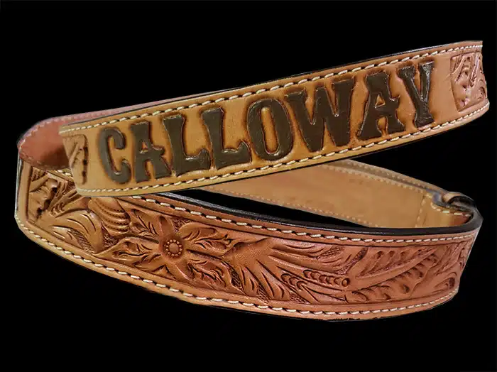 Custom Belt, 1 ½”, Floral Tooled, Lined & Stitched, Name on the back-centered, CALLOWAY, Painted – Dark Brown.