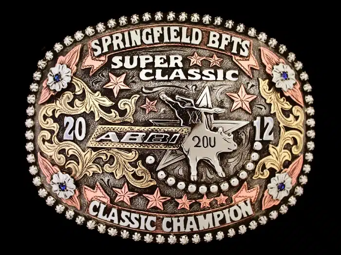 #10051 Frosted, Antiqued, & Engraved Background, 3 Tone Trophy Buckle