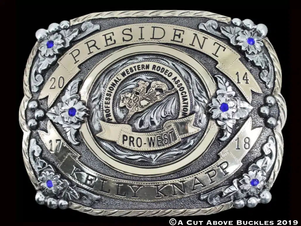 #20153 Frosted, Engraved and Antiqued, 2 Tone Trophy Buckle with Royal Blue Crystal Stones