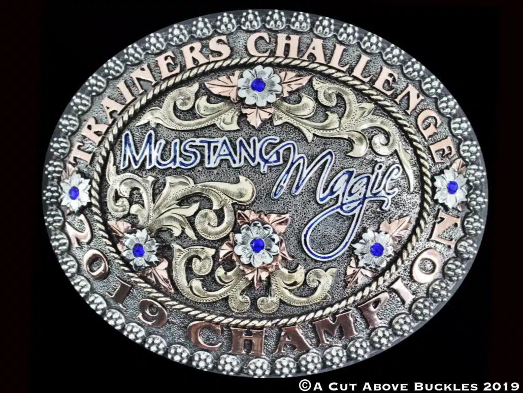 #10086 Frosted and Antiqued, 3 Tone Trophy Buckle with Royal Blue Crystal Stones