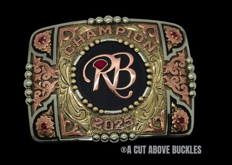 20214-Jewelers bronze base, 3-tone frosted and engraved buckle with 2-tone smooth beads and black accents.